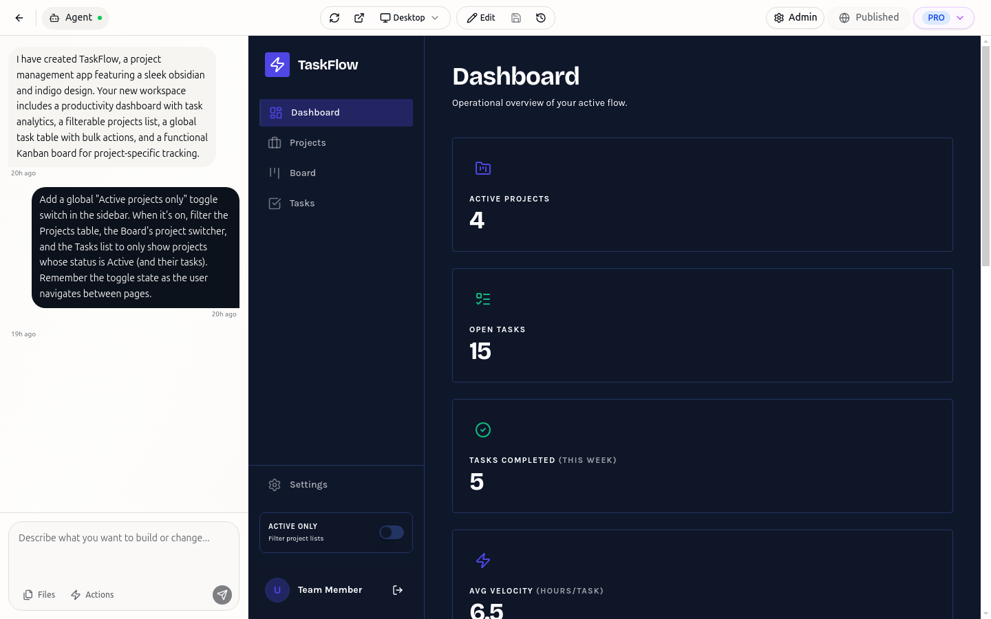 The Exepad Studio: the chat panel where you describe your app on the left, and a live, working preview of the app on the right.